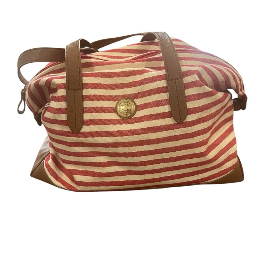 Tommy Hilfiger Womens Shoulder Bag Lightweight Red Tan Stripe Casual Overnight